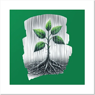 Minimalist Green plant Rain- Earth Day Posters and Art